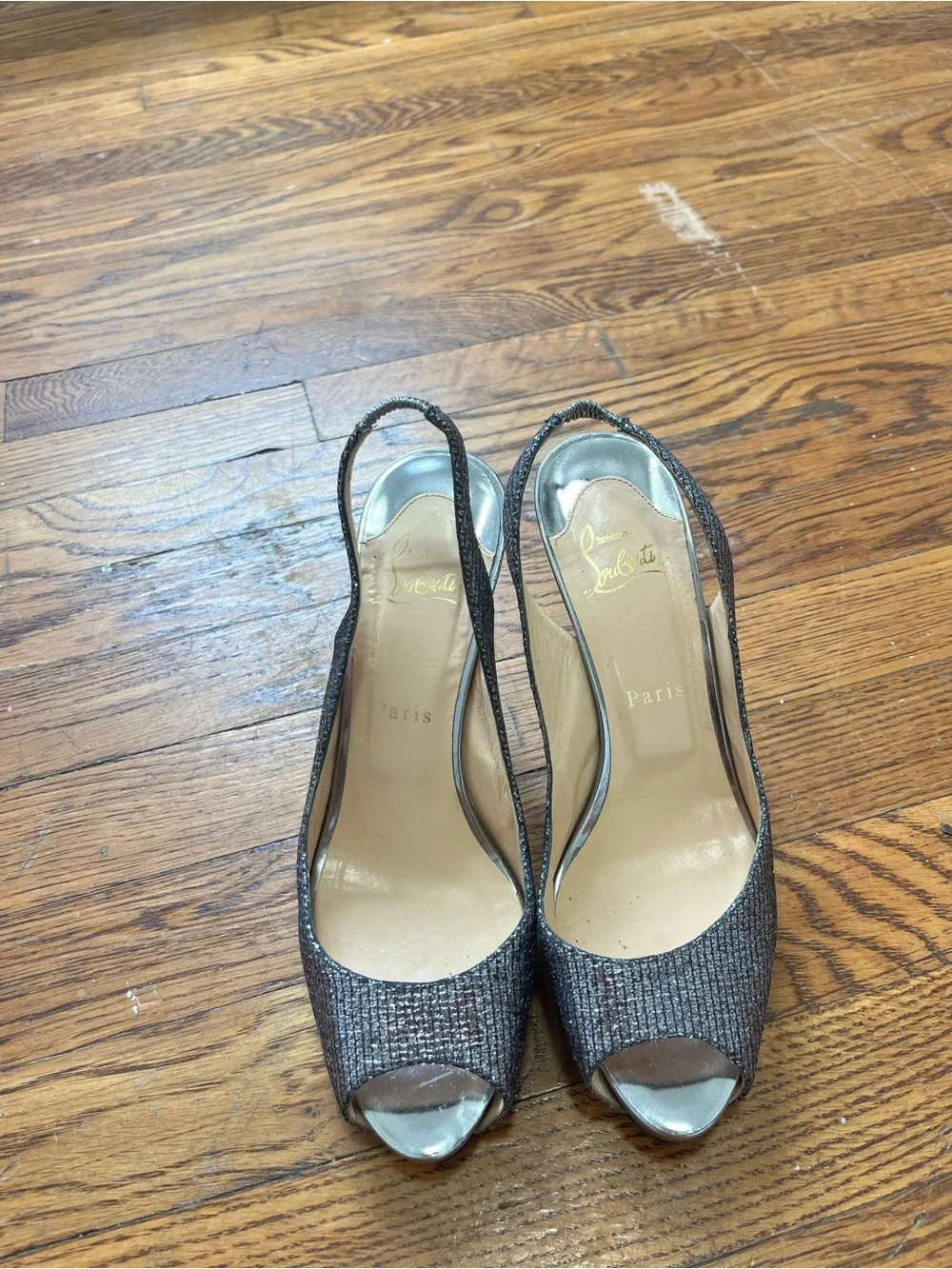 Christian Louboutin Metallic Silver Slingback Peep-Toe Heels with Red Soles